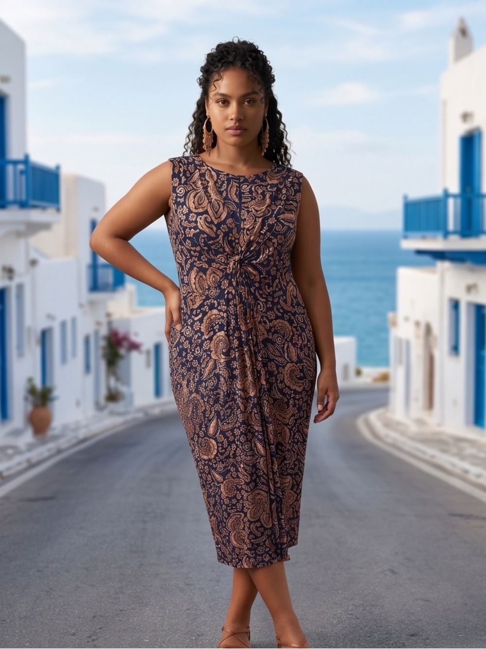 Marc New York Navy and Tan Paisley Twist-Front Midi Dress